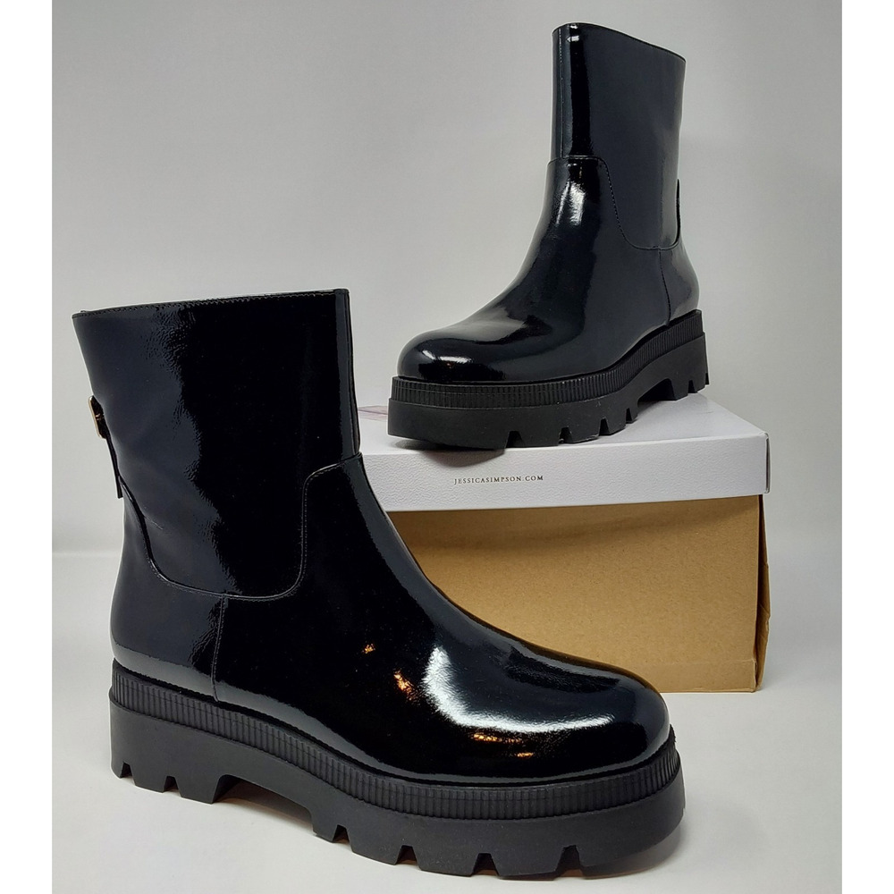 Jessica Simpson Ulalie Black Patent Lug Sole Ankle Boots Womens 9.5M